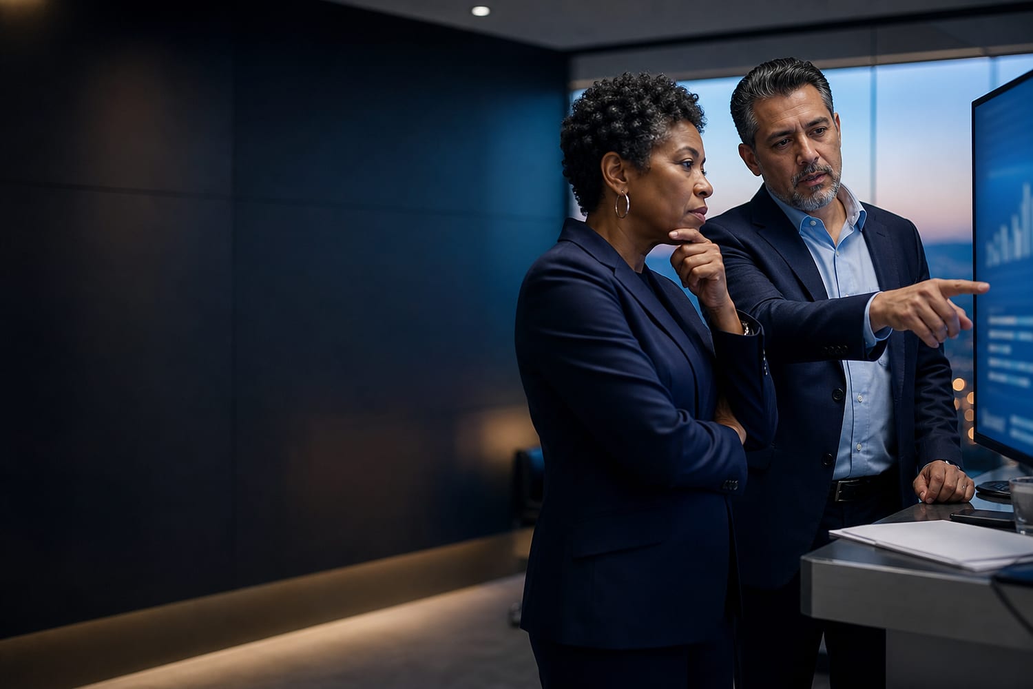 Hospital finance and operations leaders reviewing information together after normal office hours