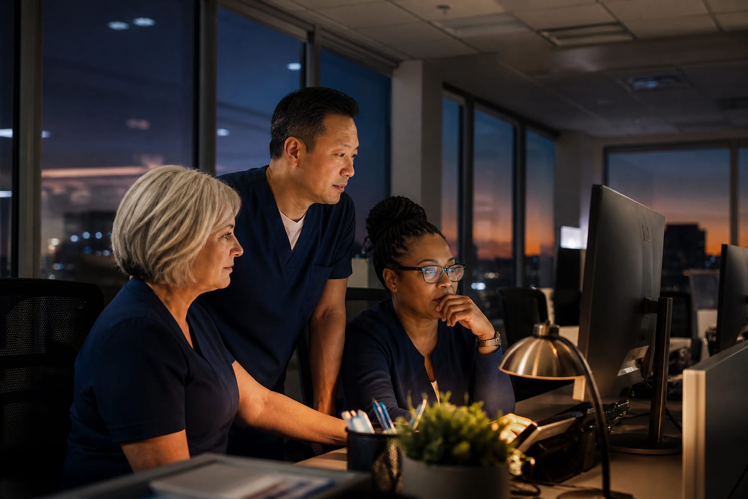 Patient financial services team working calmly after hours